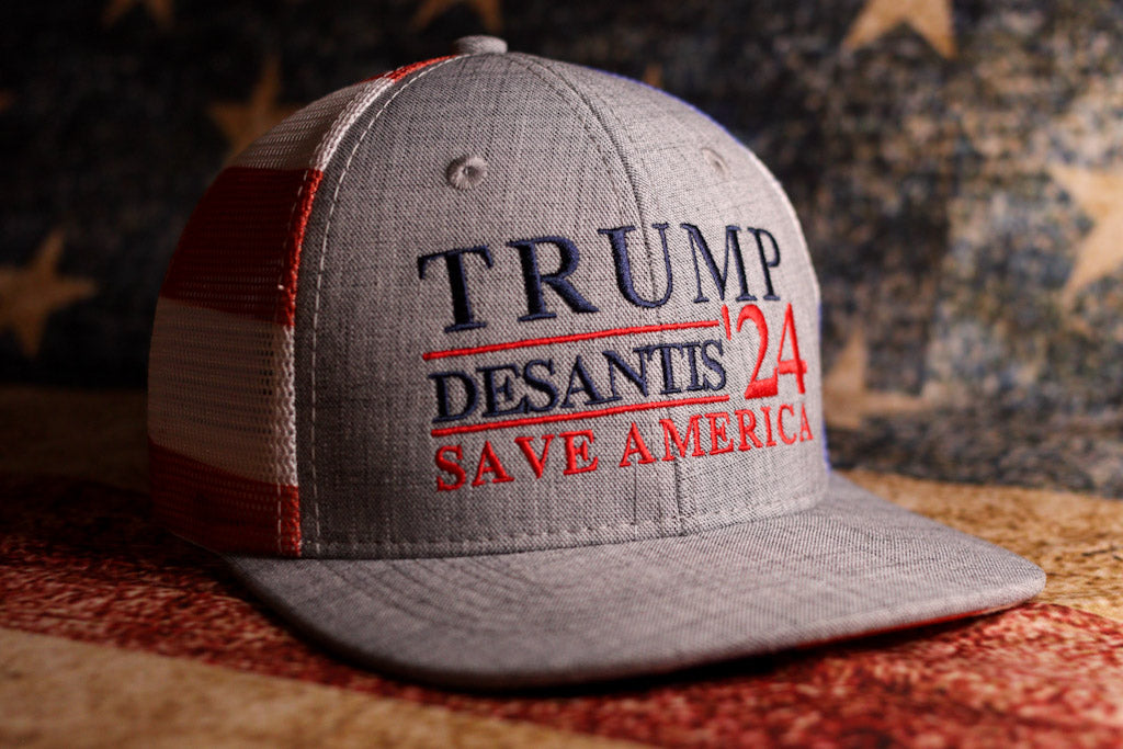 Trump DeSantis 2024 American Flag Back Mesh Trucker Hat